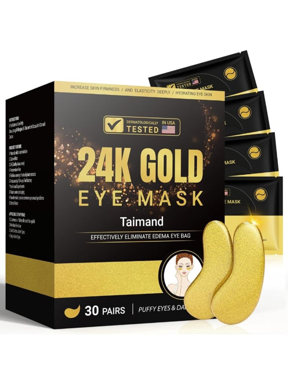 24K Gold Under Eye Patches - 30 Pairs for Dark Circles & Puffiness Relief